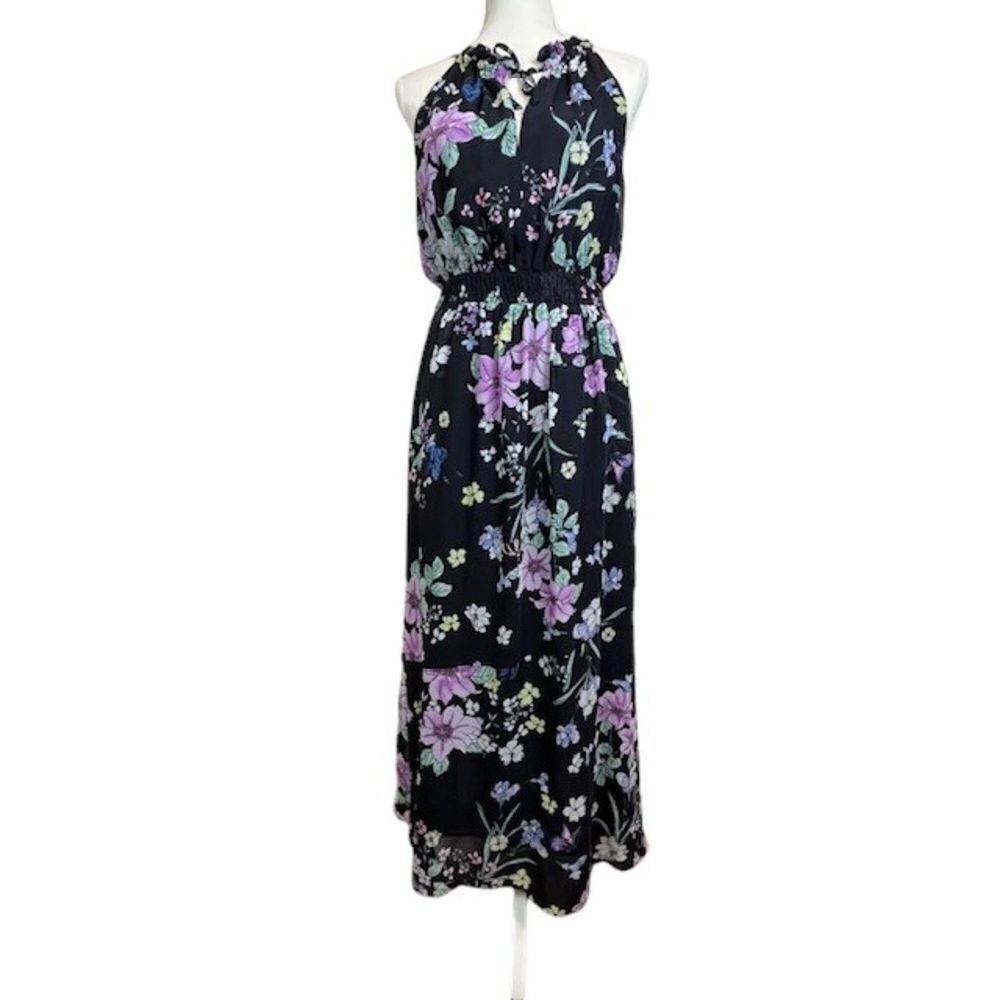 Great Jones Navy Floral Halter Maxi Dress Pockets Women's Size Medium